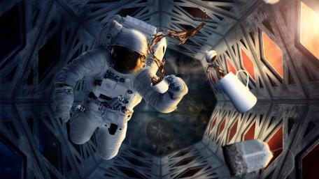 Astronaut Enjoying Coffee in Space Adventure wallpaper