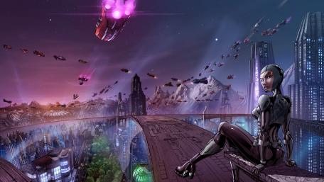Futuristic Cyborg Overlooking Neon Megacity wallpaper