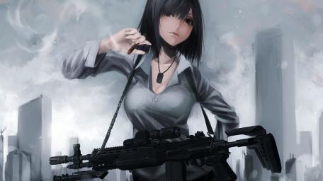 Warrior Anime Girl with Weapon in Cityscape wallpaper