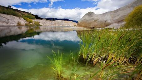 Serene Lake Reflections Amidst Lush Greenery wallpaper