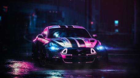 Neon Drenched Ford Mustang in the Night wallpaper
