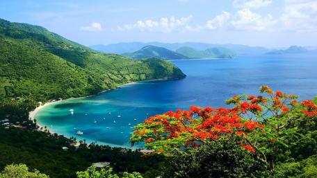Serene Coastal Escape with Lush Hills and Crystal Waters wallpaper