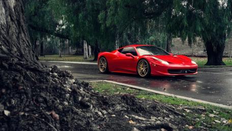 Red Ferrari 458 with Golden Wheels in Nature Scene wallpaper