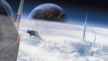 Celestial Voyage Through Futuristic Skies wallpaper