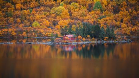 Serene Autumn Cottage by the Lake wallpaper