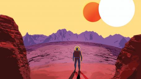 Journey on Kepler-16b's Alien Terrain in Minimal Space Art wallpaper