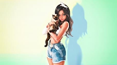 Girl with Siamese cat wallpaper