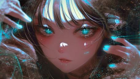 Enigmatic Eyes Amidst the Digital Glow wallpaper