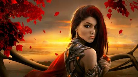 Cyborg Warrior Amidst Autumn Sunset wallpaper