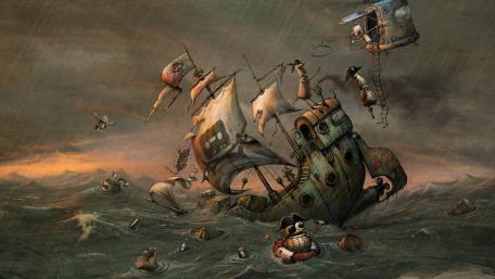 Steampunk Pirates in a Stormy Sea wallpaper