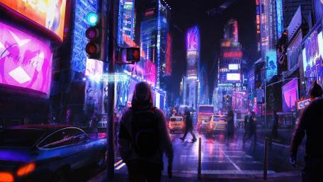 Neon Metropolis Under a Veiled Sky wallpaper