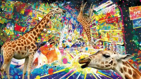 Whimsical Giraffes in a Colorful Psychedelic Wonderland wallpaper