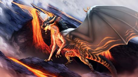 Majestic Dragon in Fiery Landscape wallpaper