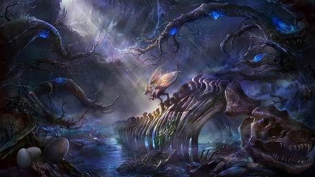 Eerie Dragon Skeleton in Enchanted Forest wallpaper