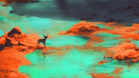 Mystical Landscape with Majestic Creature on Vibrant Waters wallpaper