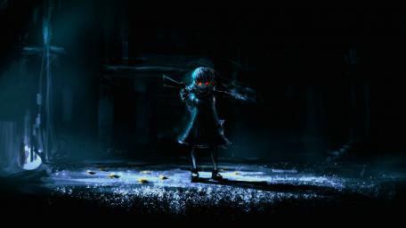 Child in the Shadows with Glowing Red Eyes wallpaper