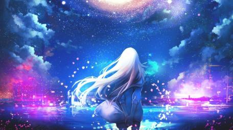 Starry Night Anime Girl Under Neon Skies wallpaper