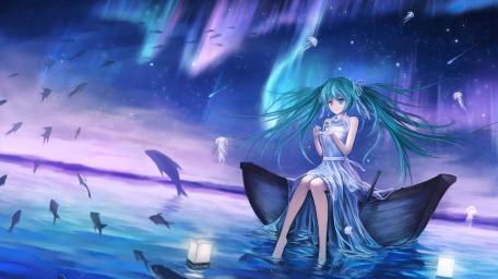 Dreamy Nightscape with Hatsune Miku on a Boat wallpaper