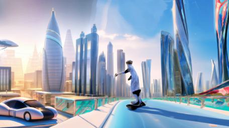 Skateboarding through a futuristic city wallpaper
