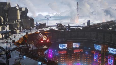 Futuristic City with Spaceship Landing in Sci-Fi World wallpaper