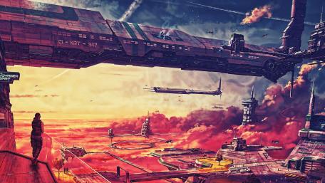 Futuristic Spaceport Dreams in Sci-Fi Art wallpaper