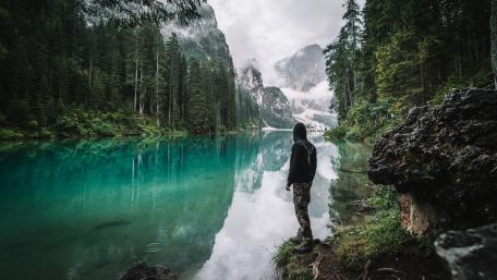 Solitude by the Misty Mountain Lake wallpaper