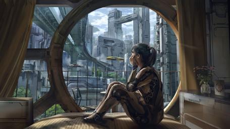 Cybernetic Solitude Amidst Urban Future wallpaper