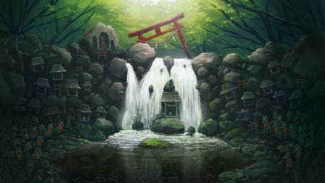 Sacred Falls Beneath the Torii Gate wallpaper
