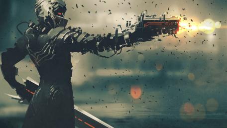Cyborg Warrior on a Futuristic Battlefield wallpaper