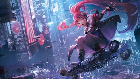 Hoverboard Adventure in Neon-Lit Anime City wallpaper