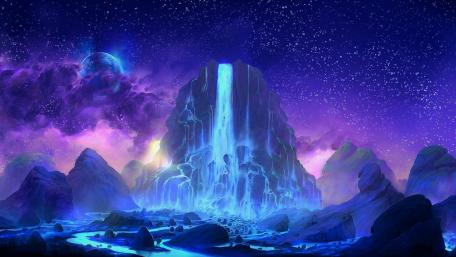 Neon Waterfall in Cosmic Landscape wallpaper