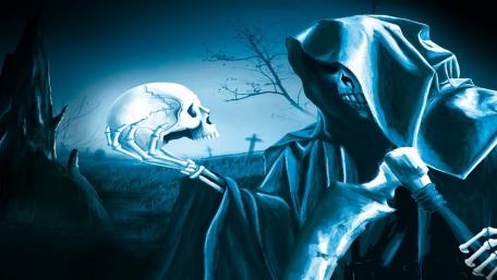 Eerie Blue Reaper Holding a Skull Art Wallpaper wallpaper