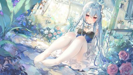 Enchanting Garden with Blue-Haired Anime Girl wallpaper