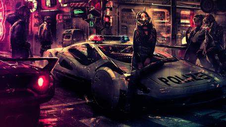 Dystopian Streets with Futuristic Patrol wallpaper