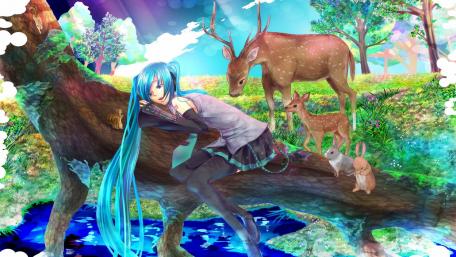 Whimsical Forest Encounter with Blue-Haired Girl wallpaper