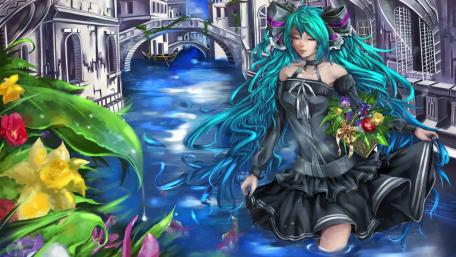 Enchanting Hatsune Miku in a Serene Landscape wallpaper