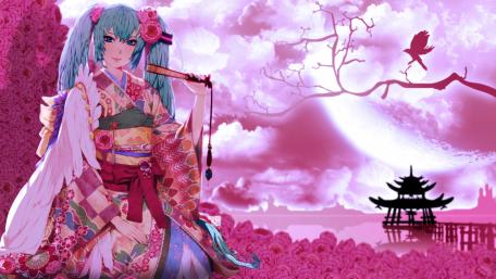 Elegant Geisha in Vibrant Pink Harmony wallpaper