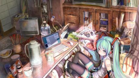 Vibrant Anime Haven with Hatsune Miku Apparel and Gadgets wallpaper