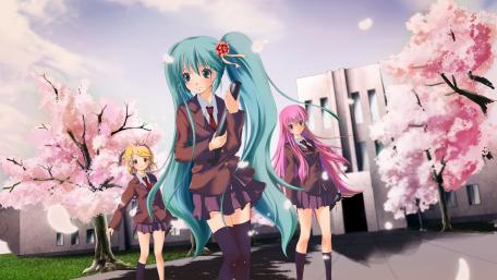Charming Sakura Scene with Vocaloid Stars wallpaper
