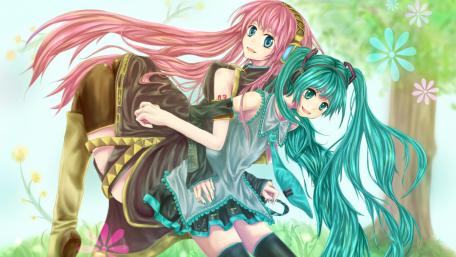 Dreamy Anime Duo in a Serene Garden Scene wallpaper