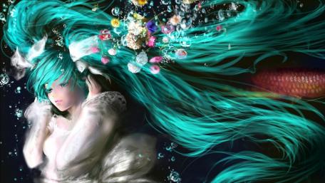 Enchanting Hatsune Miku Surrounded by Flowers and Bubbles wallpaper