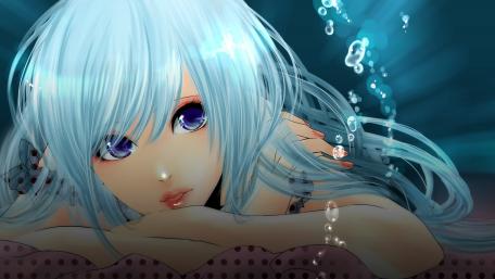 Enchanting Anime Girl in Blue Hair Underwater Scene wallpaper