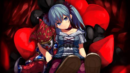 Enigmatic Anime Girl Among Red Hearts and Shadows wallpaper