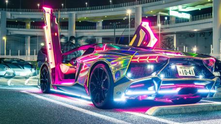 Lamborghini Aventador Gleaming in Neon Lights wallpaper