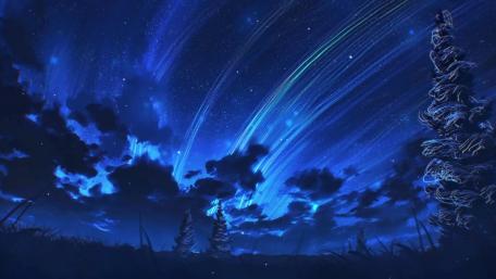 Starry Night Cascade in Dark Blue Anime Landscape wallpaper