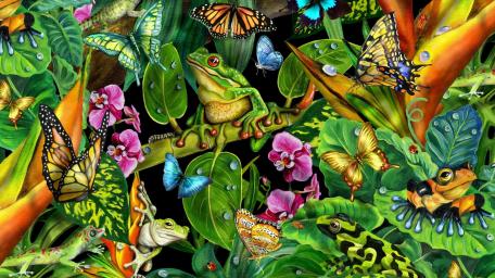 Vibrant Rainforest Life in Colorful Artwork wallpaper