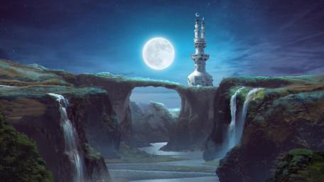 Mystical Moonlit Landscape with Tower wallpaper