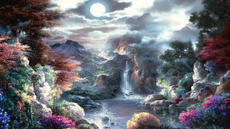 Moonlit Waterfall Oasis wallpaper