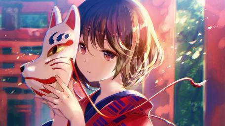 Mysterious Kitsune Girl in Dappled Sunlight wallpaper