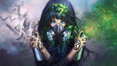 Mystical Masked Maiden Amidst Whimsical Colors wallpaper
